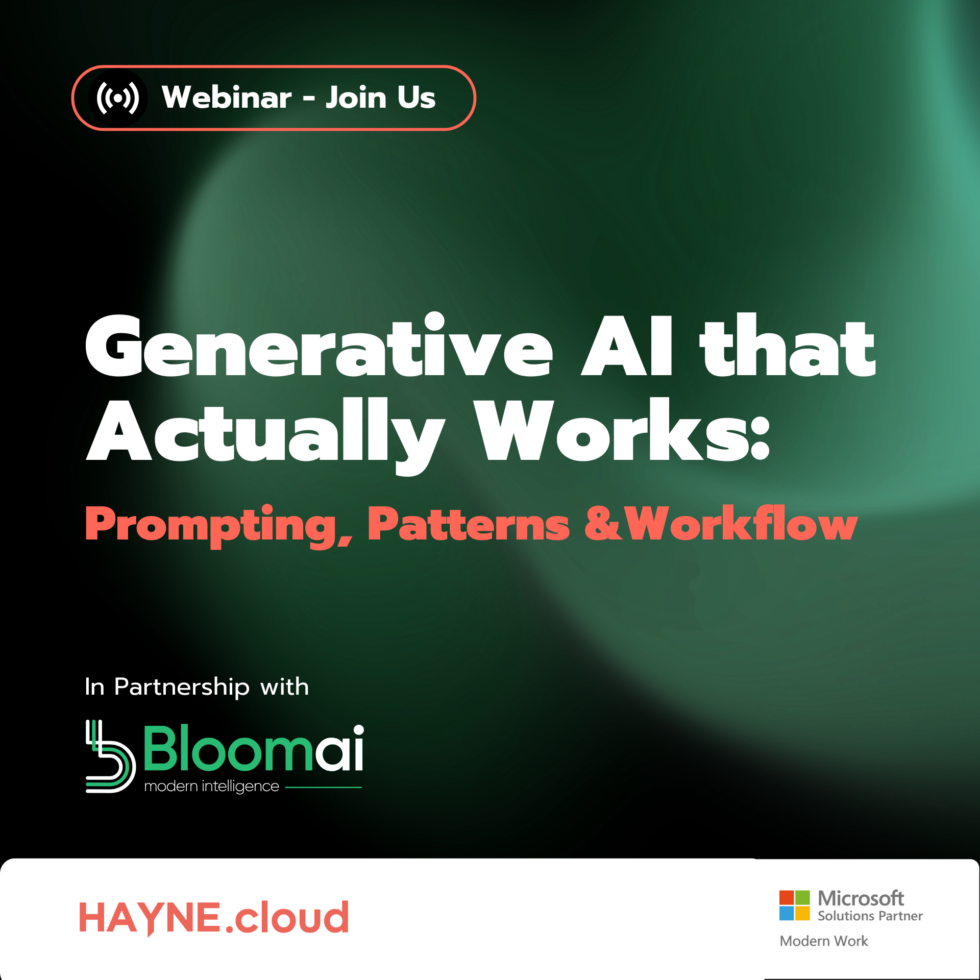 22 - HAYNE.cloud Hero banner inviting to a webinar: 'Webinar - Join Us' with dark green gradient background and large white bold title about Generative AI that actually works; includes partner logos at bottom.