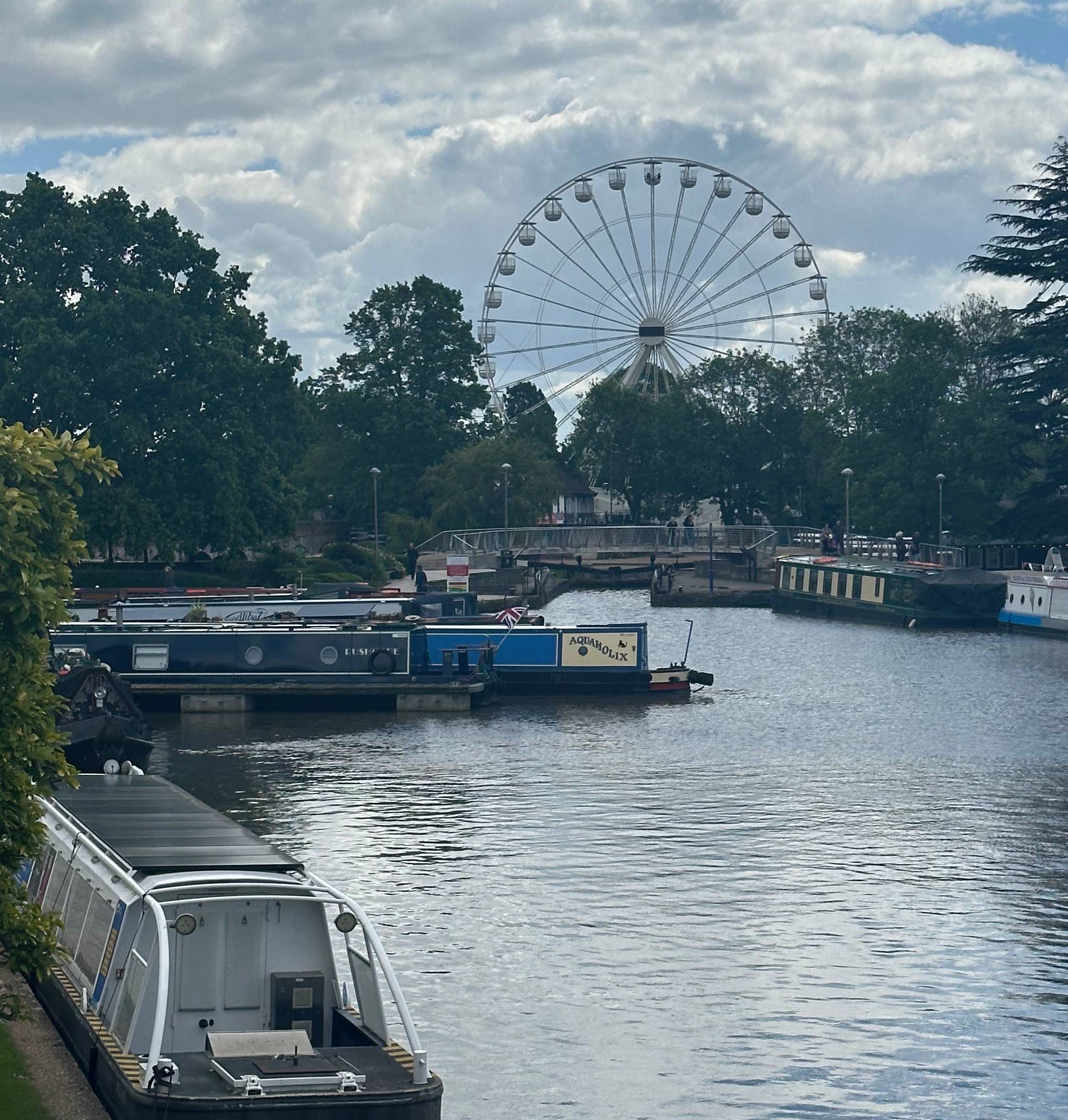 Ferris wheel visible behind trees along a waterfront with moored boats in the canal under a cloudy sky.
